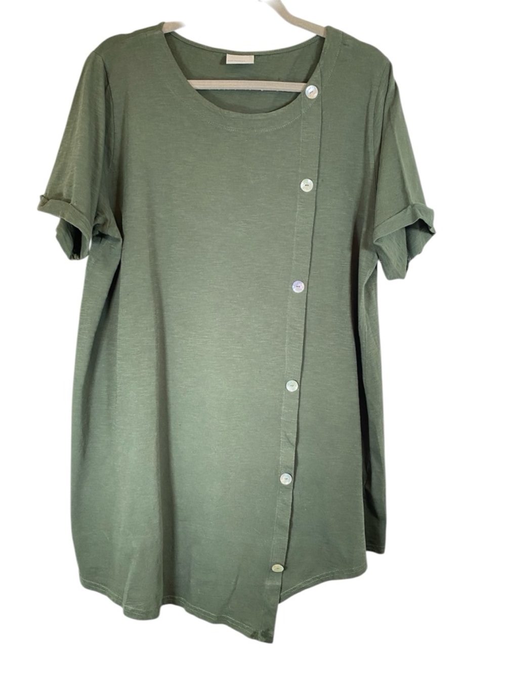 EARTHADDICT Asymmetrical Hem  Short Sleeve Button Front Top Tunic L